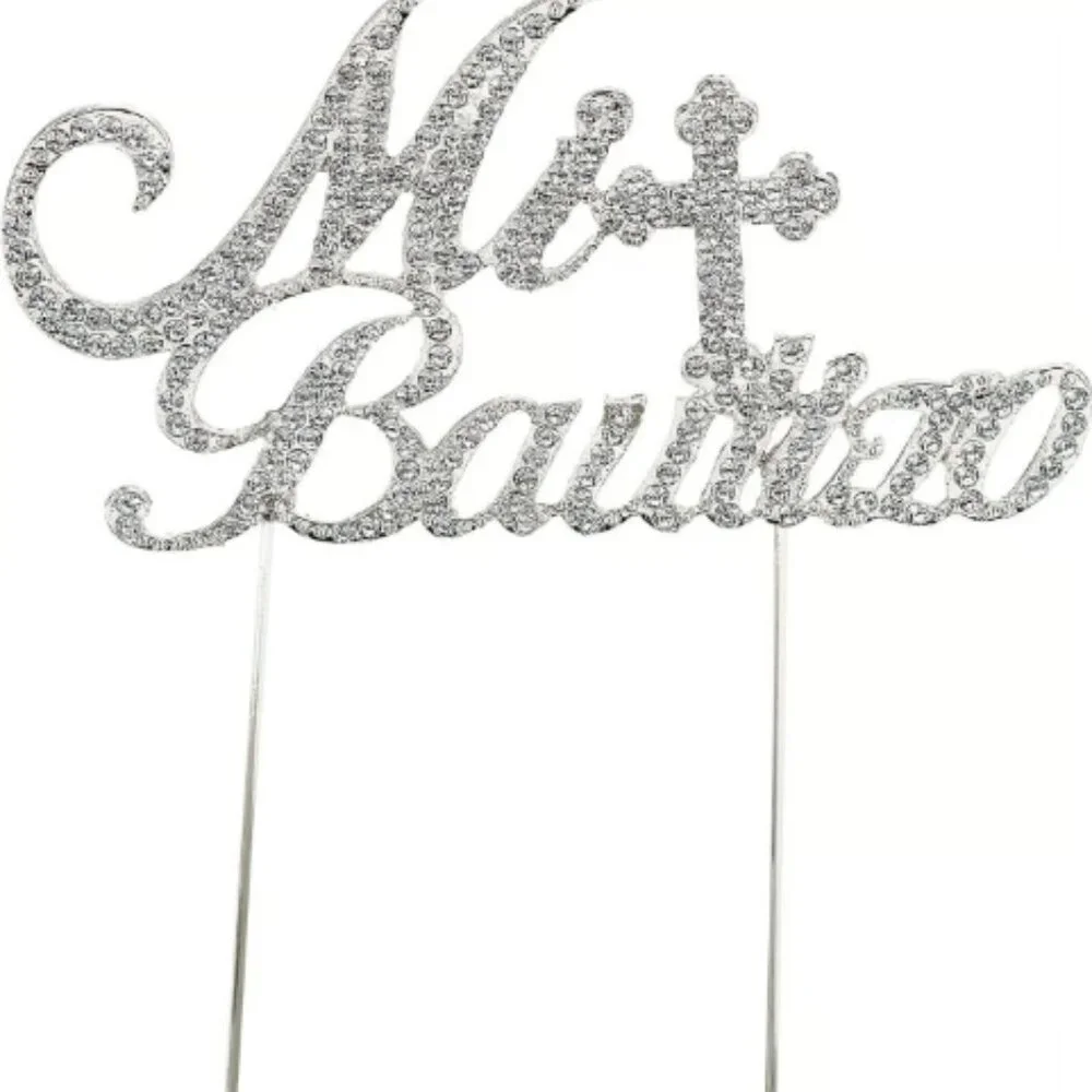 Silver Metal Mi Bautizo Rhinestone Cake Topper Religious Party Decoration